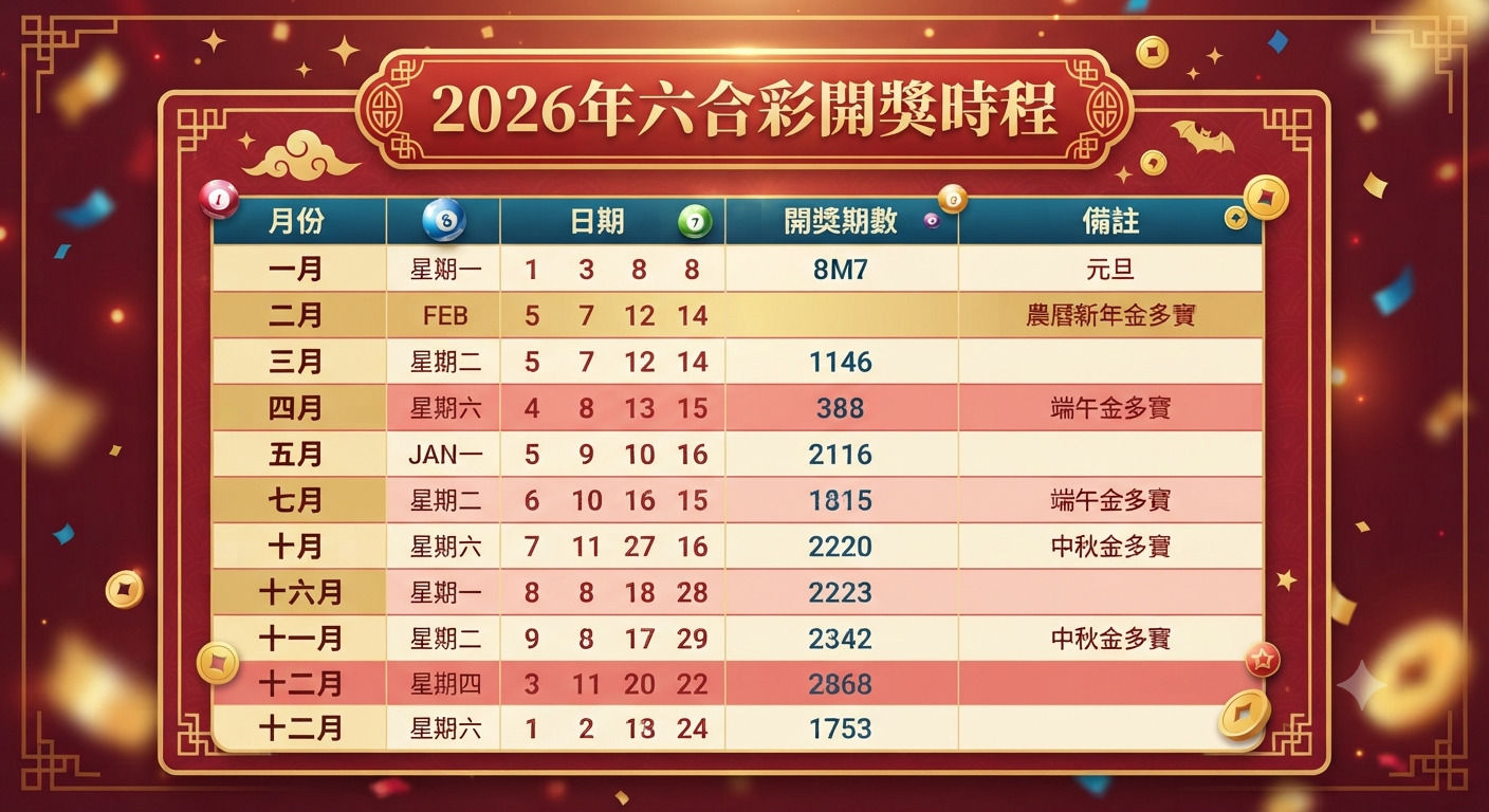 這是一張呈現「2026年六合彩開獎時程」的精美圖表,設計風格充滿喜慶與節慶感。 圖表中包含了詳細的月份、日期、開獎期數及特殊活動備註,讓使用者能一目了然地查詢相關資訊。