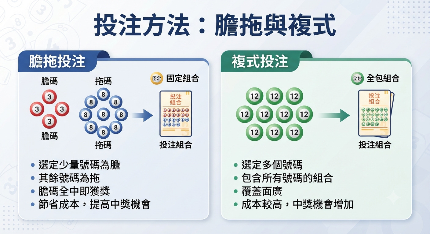這張圖片展示了兩種常見的彩券投注方法:膽拖投注與複式投注。 圖片透過圖示與文字對比,清晰說明了兩種策略在選號方式與優點上的差異。