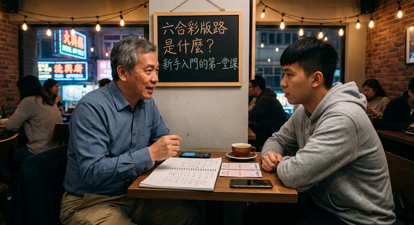 一位年長導師與一位年輕新手坐在咖啡館桌前,指著筆記本與彩券講解「六合彩版路」分析技巧。 背景牆上的黑板寫著「六合彩版路是什麼?新手入門的第一堂課」的主題標題。