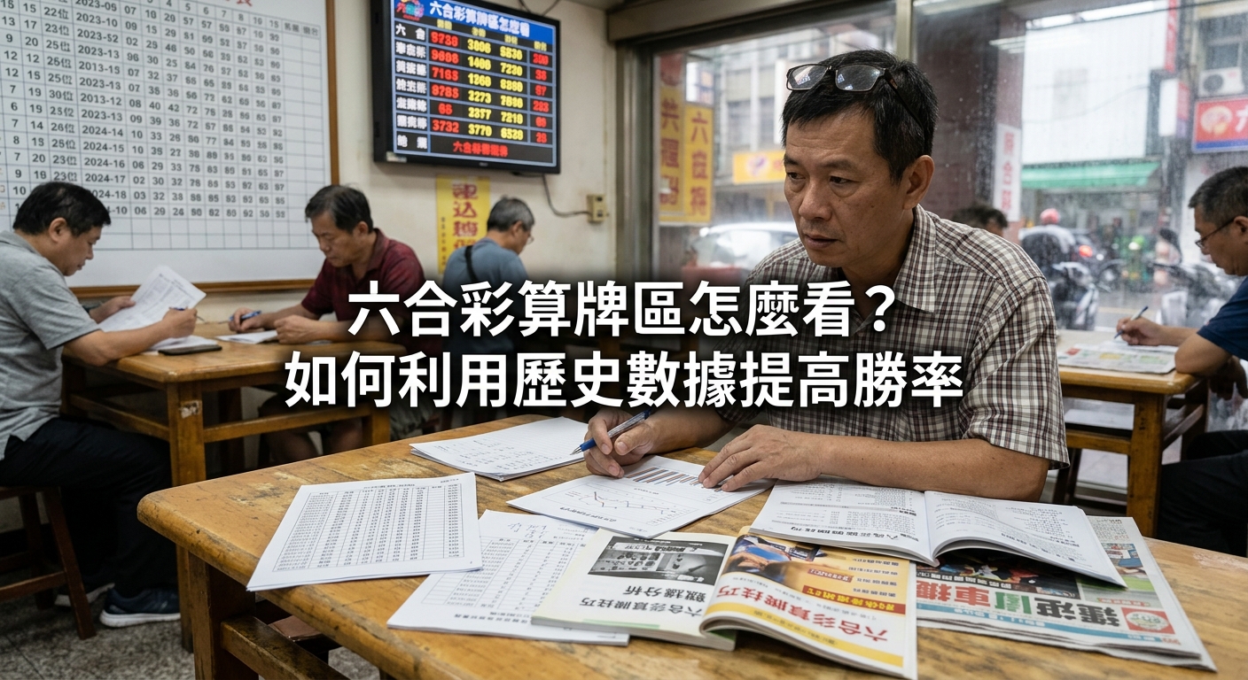 這張圖片展示了一間充滿復古氛圍的彩券行,幾位民眾正專注地研讀桌上的歷史數據表格與分析雜誌。 畫面中央印有醒目的繁體中文標題:「六合彩算牌區怎麼看?如何利用歷史數據提高勝率」。